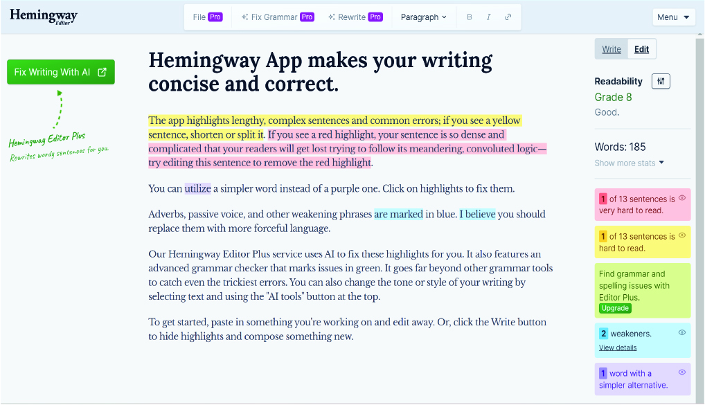 Hemingway home page content marketing tools