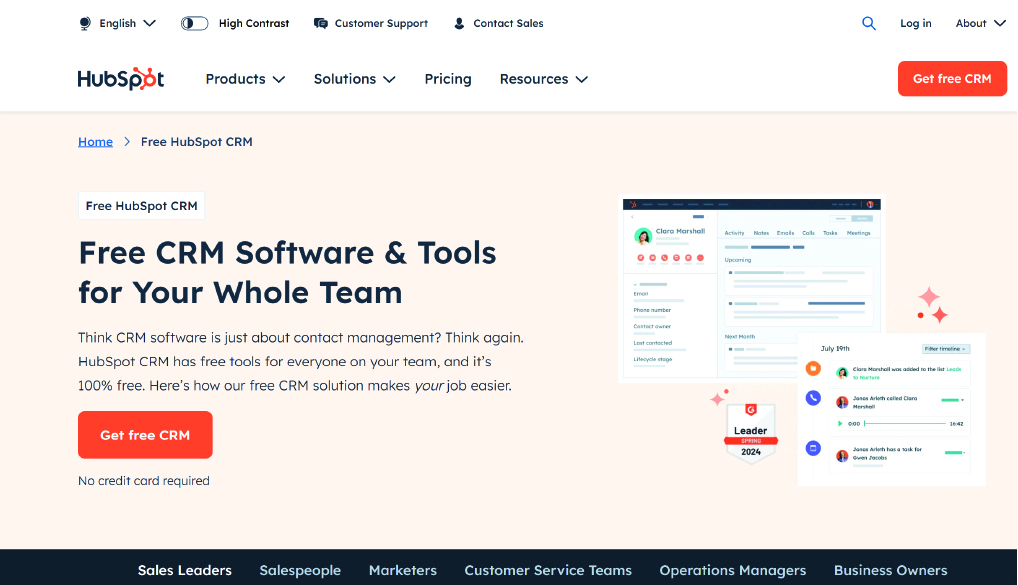 HubSpot Free CRM Service page content marketing tools